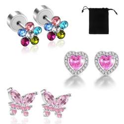 XOUDKE 3 Paare kleine Ohrstecker Ohrringe Für Mädchen Kinder Schmetterling Herz Stern Cubic Zirkonia Knorpel Ohrringe Set für Frauen Kinder Hypoallergene Ohrstecker Set von XOUDKE