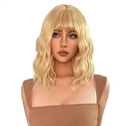 Perücke Natürliche Haar 14 Zoll kurze blonde goldene Lolita Cosplay synthetische Perücken mit Pony for Frauen täglich natürliche gewellte Kunsthaar hitzebeständige Faser Haarperücken für tägliche Mot von XOVP-023