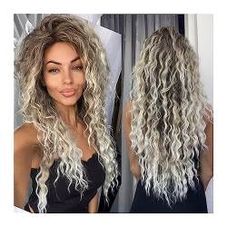 Perücke Natürliche Haar 26 Zoll aschblonde Perücke, synthetische lange lockige Haarperücken for Frauen, flauschige Ombre-Frisur, Wellenperücke, Kostüm, Karneval, Party, normale lockige Perücke Haarper von XOVP-023