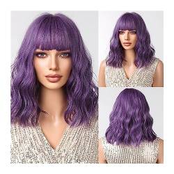 Perücke Natürliche Haar Kurze lila lockige Wellen-Synthetik-Perücken mit Pony, Cosplay-Bob-Haare, Perücke for Frauen, tägliche Party, hitzebeständige Fasern Haarperücken für tägliche Mottoparty Kostü von XOVP-023