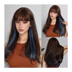 Perücke Natürliche Haar Lange gewellte Cosplay-Highlight-Synthetik-Perücken mit Pony, braun, gemischt, blau, natürliche Wellenhaar-Perücke for Frauen, Afro-Party, hitzebeständig Haarperücken für tägl von XOVP-023