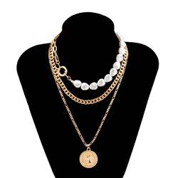XPEX 1 Damen-Layer-Halskette, Perle/vergoldete Kette, Double-Layer-Layer-Halskette mit runder Anhänger-Halskette mit Goldmünze, Anhänger-Halskette, Geschenk für Frauen von XPEX