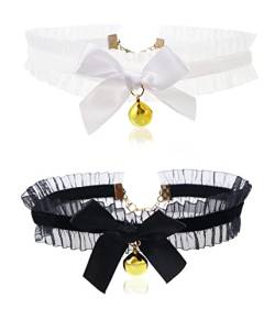XPEX 2-teiliges Choker-Halsketten-Set für Frauen, Spitzenschleifen-Choker-Halsketten-Set für Mädchen, Schwarz + Weiß von XPEX