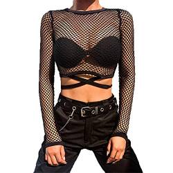 XPuing Frauen Langarm Schwarz Fischnetz Perspektive Sheer Mesh Sweatshirt Aushöhlen Top Shirts Blusen, Schwarz, 2, m von XPuing