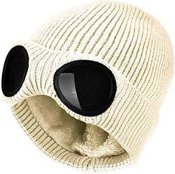 XRDSS Unisex Goggle Beanie Strickmütze Winter Chunky Beanie Mütze, beige, Einheitsgröße von XRDSS