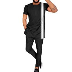 XSION Herrenmode Anzug Traditioneller Afrikaner Baumwollkleidung Dashiki-Hemd und Hose 2-teiliges Set Kurzarm Anzug-Outfit S-4XL (Color : Black, Size : L) von XSION
