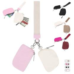Dual Pouch Wristlet Keychain Wallet, Mini Zip Around Wallet for Women, Portable Dual Wristlet Pouch Nylon Coin Purse, Beige Pink von XSUIOY