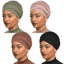 4 Stück Kopftuch für Damen, dehnbar, gestrickt, afrikanischer Turban, modisch, einfarbig, Halstuch, weich, atmungsaktiv, Kopftuch für Damen (Schwarz, Kamel, Armeegrün, Kaffeebraun) von XTREND