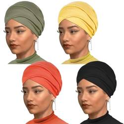 XTREND Stretch-Turban, einfarbig, modisches Stirnband, extra breit, volle Kopfbedeckung, Schlafturban, weich, atmungsaktiv, Turban für Frauen, Haarausfall, Schwarz, Kurkuma, Orange, Armeegrün, 4 Stück von XTREND