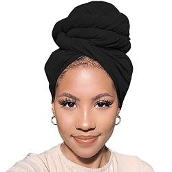 Xtrend Stretch Jersey Turban Kopf Wrap Schal Headwraps für Frauen afrikanische Kopf Wraps Lange Haare Schal Ultra Weich Atmungsaktiv Einfarbig Turban Krawatte Groß Stirnband (Schwarz) von XTREND