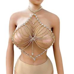 Körperkette Brustkette Glänzende Strassquaste BH-Kette Kristall Bikini Unterwäsche Damen Sexy Nachtclub-Outfit (Silber) von XTZYGLFD