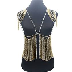 Modische Körperkette, lange Neckholder-Unterwäsche, sexy Show, Damen-Schulter-Halskette, BH-Kette, voller sexy Körperschmuck, Halskette (Metallfarbe: Silber) (Gold) (Gold) (Goldfarbe) von XTZYGLFD
