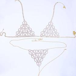 Sexy Strass-Unterwäsche, Körperkette, Bikini-Set für Damen, Herzform, Geschirr, Schmuck, BH und Tanga (Farbe: Silber) (Silber B) von XTZYGLFD