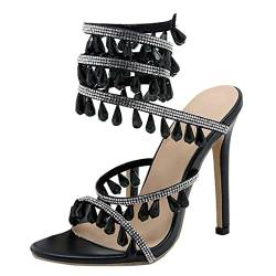 XTZYGLFD Sommer Luxus Strass Knöchel umwickeln Frauen Stiletto-Absatz Sandalen Strap Heels für Frauen Sandalen (Schwarz 6,5 UK schmal) von XTZYGLFD