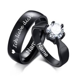 Personalisierte Paar Ringe mit Gravur - Edelstahl Cubic Zirkonia Hochzeitsring Promise Ring, Kundenspezifischer Name Ring Partnerringe Eheringe Freundschaftsringe für Damen Herren (C - Schwarz) von XUANPAI