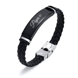 Schwarzes Armband Herren mit Gravur aus Leder, Personalisierte Schmuck Geschenke für Männer, Armband mit Gravur "Papa", Edelstahl Silber Panzerkette Armband für Vater (Lederarmband (BL-663BB)) von XUANPAI