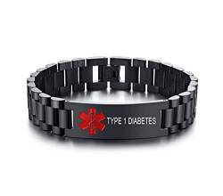 TYPE 1 DIABETES Medical Alert ID Armband-Angepasst 15,5 MM Schwarz Edelstahl Breites Armband Armband für Männer Junge, 8,3 " von XUANPAI
