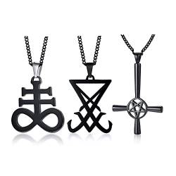 XUANPAI 3 Stück Satanismus Schmuck Leviathan Kreuz Halskette Siegel von Luzifer Umgekehrtes Kreuz Davidstern Halsketten Church of Satan Wiccan Amulett Schmuck für Männer Frauen,Schwarz von XUANPAI