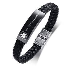 XUANPAI Custom Edelstahl Leder Geflochten Wrap Armband Medical Alert Notfall ID Armband für Männer mit PENICILLIN ALLERGY Eingraviert von XUANPAI