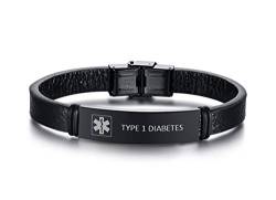 XUANPAI Gravierte TYPE 1 DIABETES Medical Alert Notfall ID Armband Mikrofaser Wrap Leder Armband Identifikation Manschette Armreif für Männer Junge von XUANPAI