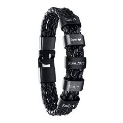 XUANPAI Herren Leder Armband mit Gravur, Personalisierter Schmuck, Personalisierte Geschenke für Männer, Schwarzes Leder Armband mit Namen (5 Ringe) von XUANPAI