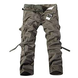 Herren Cargo Hose Viele Taschen Baumwolle Freizeithose Loose Fit Arbeitshose Outdoor Tactical Hose Streetwear (mit Gürtel) freizeithose (Color : Army green, Size : M) von XUDONG