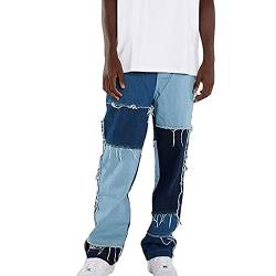Herren Patchwork Jeans Patch Work Hosen Loose Casual Hip Hop Skate Jeanshose Tie Dye Wash Fit Straight Wide Leg Jeans Streetwear Herren-Jeans (Color : Blue 2, Size : L) von XUEBIN