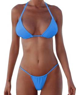 XUNYU Bikini-Set Bandage Solid Brazilian Swimwear Zweiteiliger Badeanzug Gepolstert Tanga Badeanzug, Bikinis Set Baby Blau, Small von XUNYU