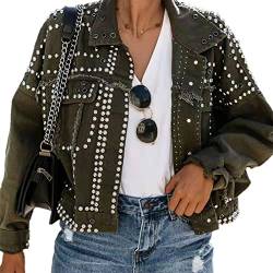 Damen Jeansjacke Vintage Distressed Jean Jacket Bling Studded Punk Rock Oversized Denim Oberbekleidung,Grün,M von XUSAI