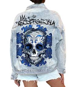 Damen-Jeansjacken mit Totenkopf-Print, langärmlig, Distressed Washed Plus Size Jeansjacken-Oberbekleidung,A,XXL von XUSAI