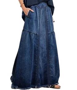 Damen Plus Size Retro Denim Langer Rock Sommer Lose Elastische Taille A-Linie Maxi Jeansrock,Dark Blue,3XL von XUSAI