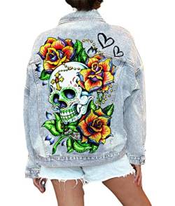 XUSAI Damen-Jeansjacken mit Totenkopf-Print, langärmlig, Distressed Washed Plus Size Jeansjacken-Oberbekleidung,B,M von XUSAI