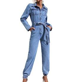 XUSAI Damen-Jeansoverall mit Langen Ärmeln und Knöpfen, modisch, schmal, blau, Langer Jeans-Overall mit Gürtel,Blau,L von XUSAI