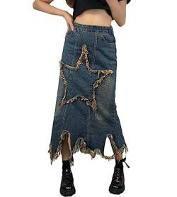 XUSAI Damen Vintage Distressed Jeansrock mit hoher Taille, Stern-Patch, unregelmäßiger, roher Saum, schmaler, Langer A-Linien-Jeansrock,Blau,L von XUSAI
