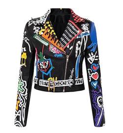 XUSAI Damenmode, schlanke, Kurze Motorrad-Lederjacke, Nieten, Graffiti-Bedruckte PU-Jacken-Oberbekleidung,Schwarz,3XL von XUSAI