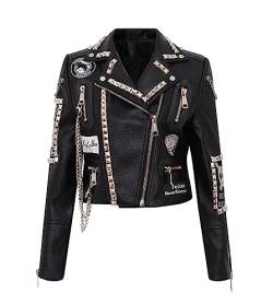 XUSAI Modische, schlanke, verkürzte Lederjacke für Damen, Punkrock-Bikerjacke mit Nieten,Schwarz,XXL von XUSAI