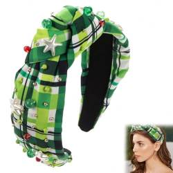 St. Patrick's Day Stirnband, grünes Glückskleeblatt-Oberknoten-Haarband mit Strass-Kristallperlen, geknotetes Stirnband für Damen, Urlaub, Feier, Party, Headwraps #grünes Gitter von XUXN