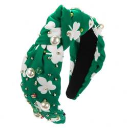 St. Patrick's Day Stirnband, grünes Glückskleeblatt-Oberteil, Knoten-Haarband, Strass, Kristall, Perlen, geknotetes Stirnband für Damen, Urlaub, Feier, Party, Headwraps von XUXN