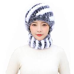 XUYUZUAU 2PCs Mütze + Kreisschal Frauen Damen Echtes Rex-Kaninchenfell Hüte Strickmützen Caps Halstuch Nackenwärmer Winter Warmen von XUYUZUAU