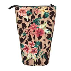 XVBCDFG Flower Mix Leopard Pattern Print Pencil Case Stand Up Pencil Pouch, Teleskop Stationery Pen Pouch, Standing Pencil Bag with Zipper, siehe abbildung, Einheitsgröße, Federmäppchen von XVBCDFG