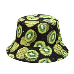 XVBCDFG Neuheit Fruchtdruck Bucket Hat Sommer Fischermütze Wendbare Packbare Sonnenhüte für Damen Herren, Kiwi Mütze Schwarz, One size von XVBCDFG