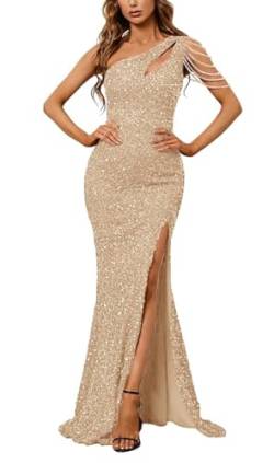 XWMNBXK Frauen One Shoulder Quaste Abschlussball Kleider Pailletten Meerjungfrau Maxikleid Glitzernde Bodycon formelle Abendpartykleider mit Schlitz Champagne M von XWMNBXK