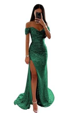 XWMNBXK Frauen glitzernde Pailletten Abschlussballkleider trägerlose Falten Brautjungfernkleid Lange geschlitzte Meerjungfrau formelle Abendballkleider Emerald Green L von XWMNBXK