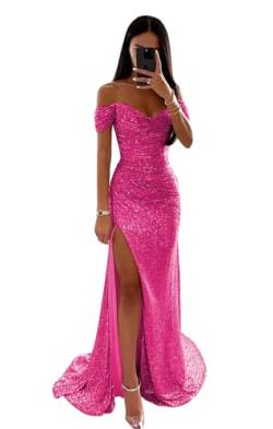 XWMNBXK Frauen glitzernde Pailletten Abschlussballkleider trägerlose Falten Brautjungfernkleid Lange geschlitzte Meerjungfrau formelle Abendballkleider Hot Pink XS von XWMNBXK