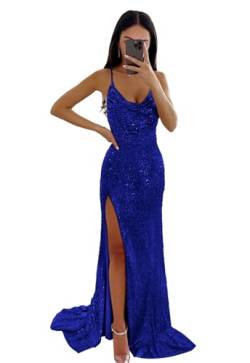 XWMNBXK Pailletten für Frauen Prom Kleider Glitzernde Meerjungfrau formelles Kleid Langer Spaghettiträger Rüschenschlitz Abend Party Ball Kleider Royal Blue XS von XWMNBXK