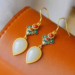 Ohrringe im chinesischen Stil, natürliche Hetian-Jade-Emaille-Porzellan-Ohrringe, chinesischer Retro-Gerichtsstil, einzigartiger alter Gold-Silberschmuck for Damen (Gem Color: Style 13) (Size : Style von XXJYOPHQ