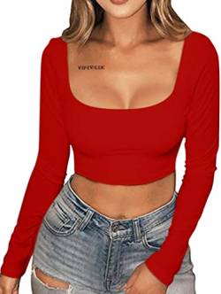 XXTAXN Damen Sexy Bodycon Fitted Square Neck Langarm Basic T-Shirt Crop Top - Rot - Klein von XXTAXN