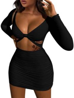 XXTAXN Damen Sexy Bodycon Tiefer V-Ausschnitt Langarm Cut Out Club Minikleid - Schwarz - Klein von XXTAXN