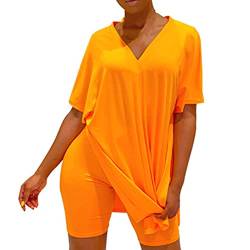 XXYT Fashion Casual Loose Short Sleeve Solid Color Damen Outfit Zweiteiler Tunika Top Bodycon Shorts Set Für Lounge Plus Size,Orange,XL von XXYT