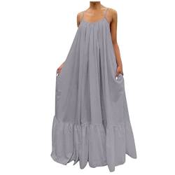 XXYT Frauen Casual Maxikleider Trägerkleid Tasche Lose Rückenfrei Große Bodenlange Robe Boho Strand Maxikleid Übergroß,Grau,M von XXYT